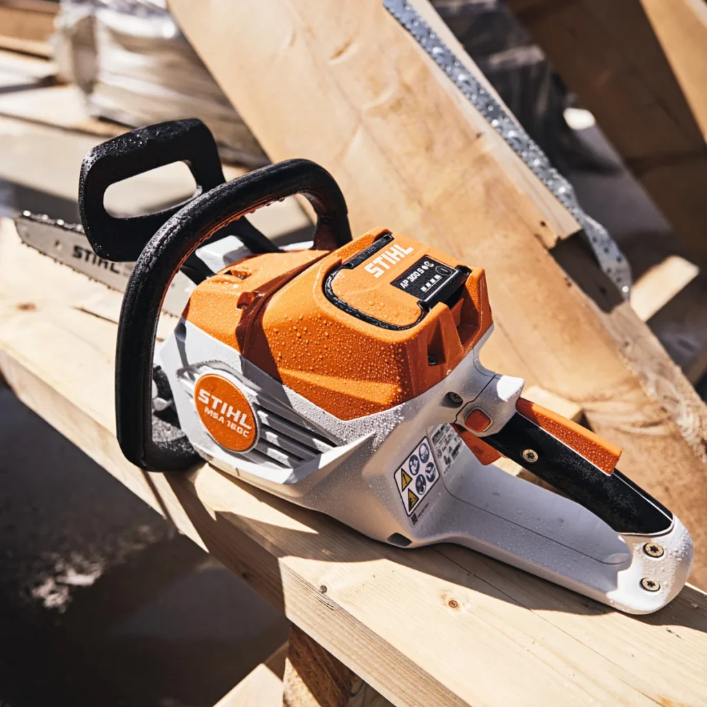 A STIHL MSA 160 C chainsaw with an orange and white body rests on a wooden surface, possibly in a woodworking or construction environment. The chainsaw’s black handles contrast with its bright color scheme, and its blade is partially visible. Water droplets on the tool suggest it has been recently used or cleaned. Warning labels and instructions are present on the chainsaw’s body, highlighting safety precautions for operation.