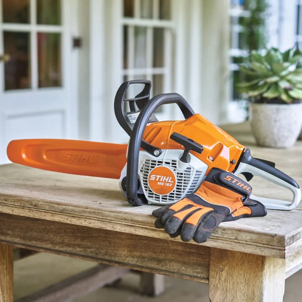 A Stihl MS 182 chainsaw rests on a wooden table, alongside a pair of orange and black Stihl-branded gloves. The chainsaw's orange and white body contrasts with the natural wood surface, highlighting its sturdy design. In the background, a white door with glass panels lets in soft natural light, while a potted succulent plant adds a touch of greenery. The composition emphasizes the tools, showcasing their practicality and branding.