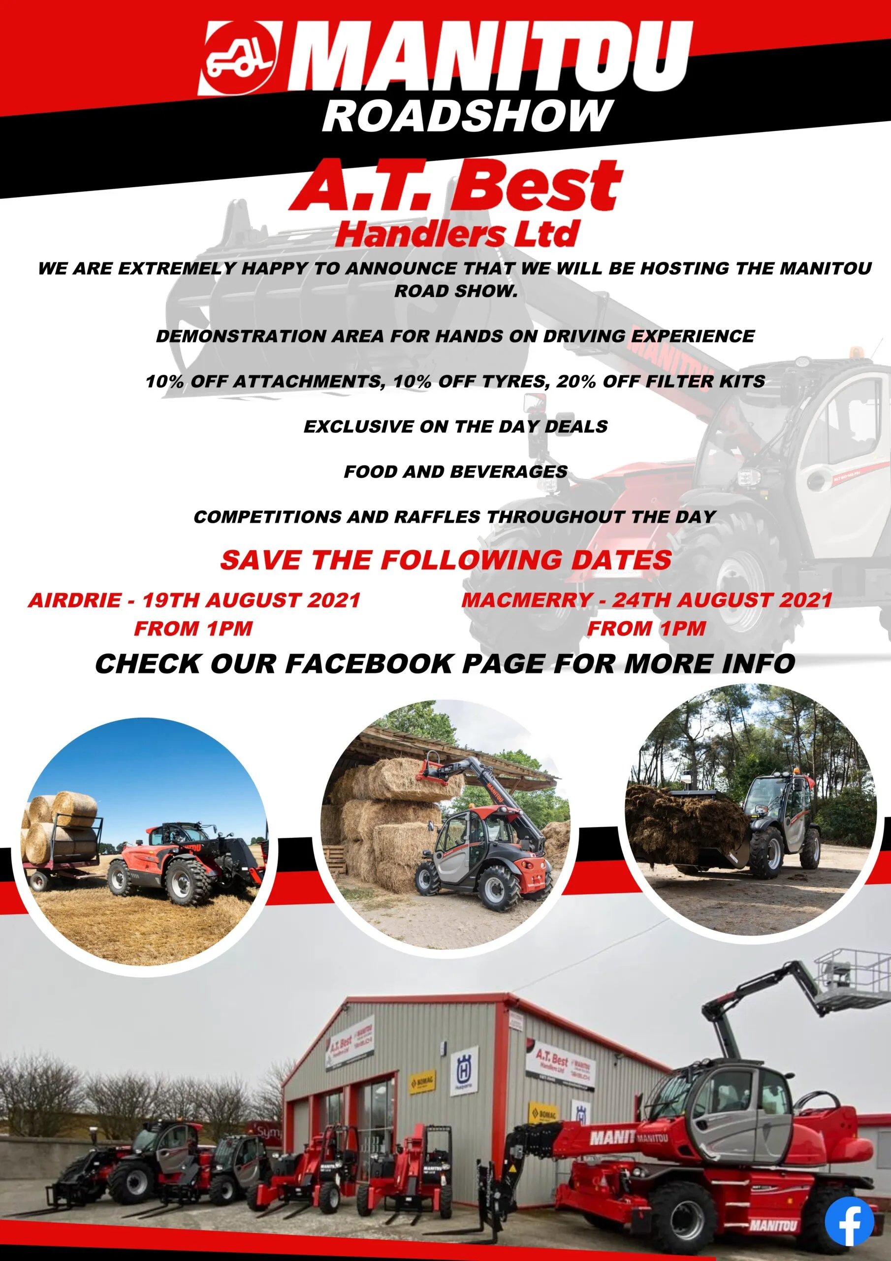 Manitou Roadshow poster for A.T. Best Handlers featuring telehandlers and 2021 event dates in Airdrie and Macmerry.